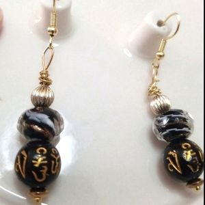 COPY Onyx Obsidian crystal  faceted Pearl Asian Vtg Artisan Oil Jewelry Set